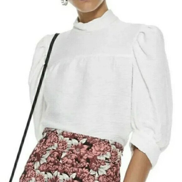 SANDRO Paris Janyce Womans Sz 3 (L) Ecru Puff Sleeve Cloqué Blouse Cropped Top - Picture 1 of 8
